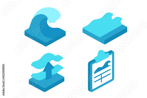 Isometric Ocean Condition Icons Set. Vector Illustration of Breaking Wave, Sea Swell, Surface Water Movement, Ocean Data Report, Maritime Conditions, Navigation, Forecast, Environmental Indicators.