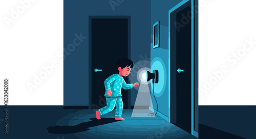 Child's Midnight Venture A Curious Discovery Unfolding In Dimly Lit Hallway