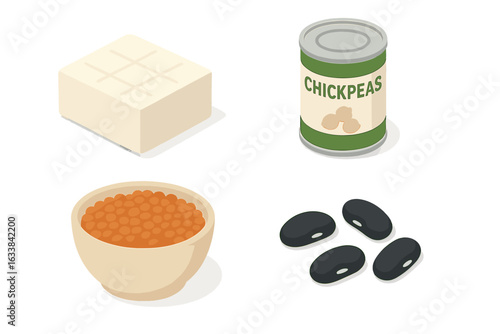 Isometric Vector Icons Set of Plant-Based Protein Foods. Tofu Block, Canned Chickpeas, Lentil Bowl, Black Beans. Vegan Vegetarian Legume Protein Sources. Healthy Plant Nutrition Illustration