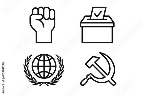 Political symbols vector icon set. Outline icons of activism raised fist, democratic ballot box, global diplomacy laurel earth, communist hammer and sickle. Editable stroke political illustration.