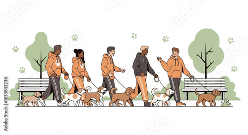 Dog Walkers Strolling With Their Pets In A Park Setting On A Sunny Day