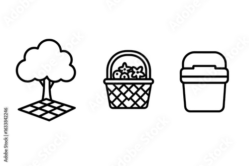 Picnic outline icon collection. Shaded picnic spot with blanket under tree, picnic basket with berries and flowers, insulated cooler. Outdoor leisure, summer lunch, park meal vector set.
