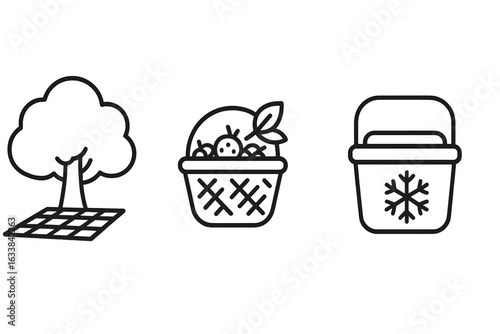 Picnic outline icons set picnic blanket under tree shaded park outdoor leisure, picnic basket with fruit berries, insulated food cooler container, vector summer recreation illustration
