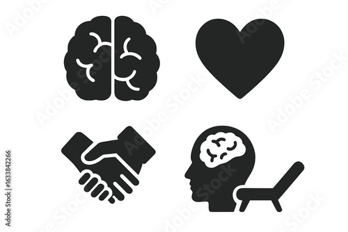 Mental Health and Psychological Support Icons Set. Vector Illustration with Brain, Heart, Handshake, Therapist Couch, Mind and Counseling Symbols. Emotional Wellness, Therapy, Support Concepts