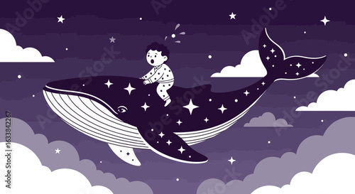 Child's Whimsical Night Ride On Starry Whale Through Cloudy Sky Vector Illustration