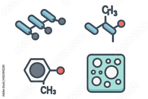 Polymer Chemistry Icon Set. Isometric Flat Vector Illustration of Polyethylene Chain, Polypropylene Segment, Polystyrene Molecule, Macromolecule Cell Structure. Science and Laboratory Symbols.