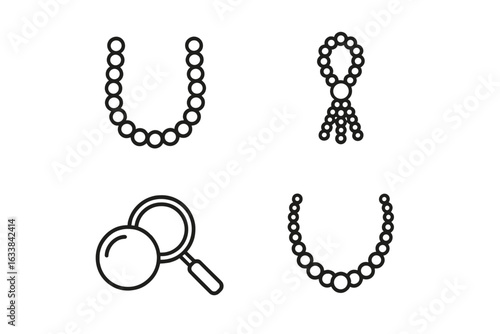 Pearl Jewelry Outline Icon Set. Vector Illustrations of Pearl Necklaces, Bead Strands, Seed Pearl Tassel, Gemstone Magnifier. Cultured, Natural, Searching, Sorting Pearls. Simple Black Linear Design