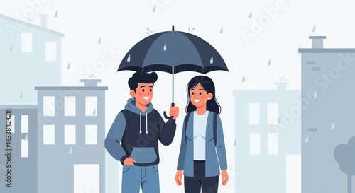 Chivalrous Gentleman Sheltering Woman With Umbrella During Rainy Urban Day