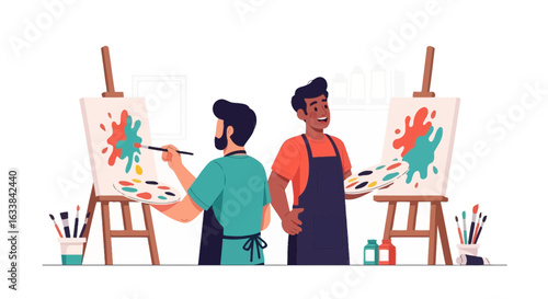 Creative Men With Aprons Painting Colorful Splashes On Canvas In Art Studio
