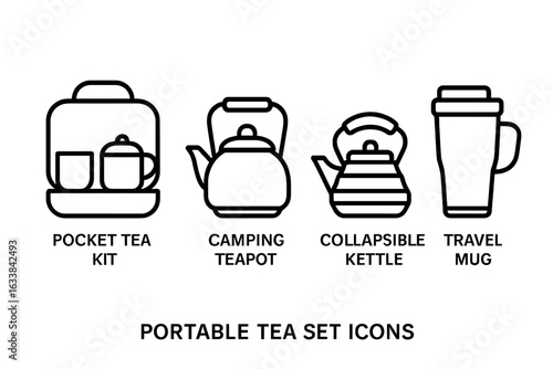 Portable Tea Set Outline Icons Collection. Minimalist Vector Symbols for Pocket Tea Kit, Camping Teapot, Collapsible Kettle, Travel Mug. Black Line Drinkware Graphics on Transparent Background