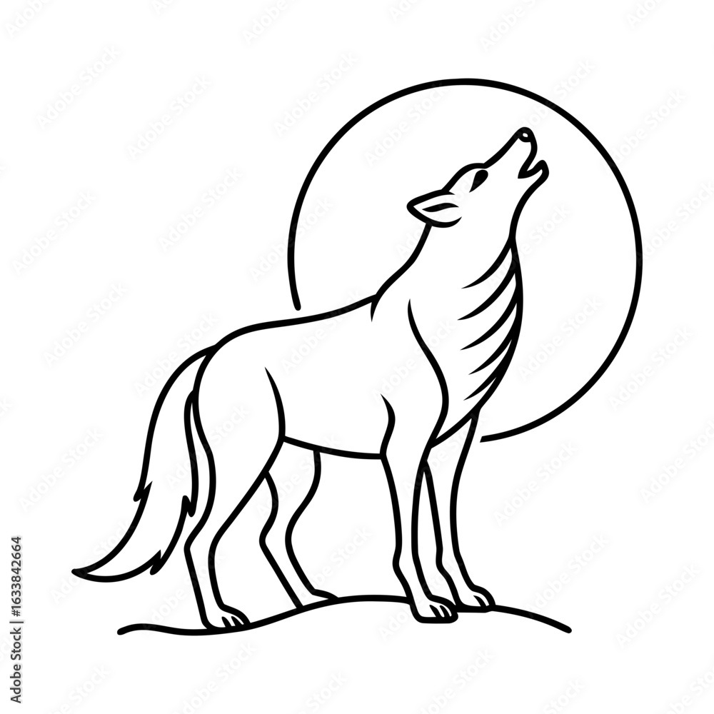 Fototapeta premium Howling Wolf Vector Line Art Illustration With Moon Background