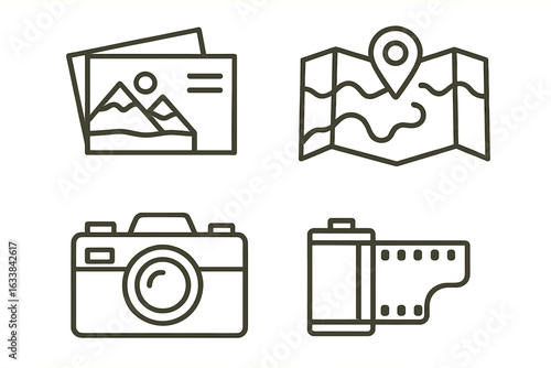 Nostalgic Road Trip and Travel Essentials Vector Icons Set, Vintage Camera, Map, Film Roll, Photo Memories, Vacation Adventure Elements, Outline Tourism Clipart for Journey and Exploration Concepts