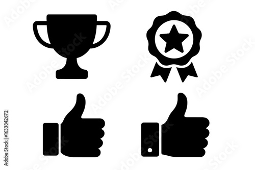 Motivation and Recognition Icons Set. Solid Vector Black Trophies, Star Award Badge, Thumbs Up Like, Teamwork Care, Achievement Appreciation, Success Reward Symbols, Transparent Background