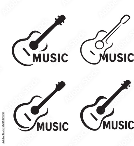 Set of four black silhouette guitar icons with "MUSIC" text, perfect for musical logos, posters, or branding. Simple, elegant vector designs.