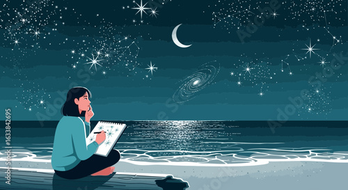 Creative Night Imagination Girl Drawing Constellations In Sky By The Sea