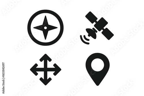 Navigation and GPS Vector Icons Set. Compass, Satellite, Location Pin, Directions Arrow. Wayfinding Symbols. GPS Technology, Map Route, Travel Navigation Elements. Black Isolated Silhouette Concept.