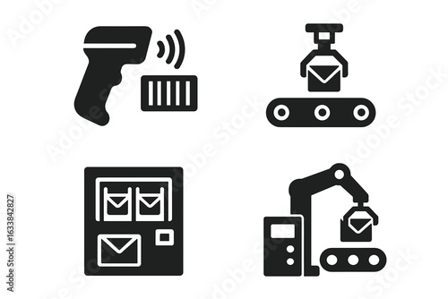 Post Office Automation Vector Icons Set. Barcode Scanner, Automated Mail Sorting Conveyor, Robotic Parcel Sorting Arm, Automated Locker System. Modern Mail Logistics, Parcel Distribution