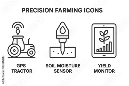Precision Farming Icons Set. Outline Vector Symbols of GPS Tractor, Soil Moisture Sensor, Yield Monitor for Smart Agriculture Technology. Modern Farm Equipment, Agtech Devices, Digital Farming Concept