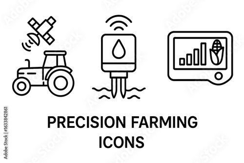 Precision Farming Line Icons Set. GPS Satellite Tractor, Soil Moisture Sensor, Yield Monitor, Digital Agriculture Technology, Smart Farming, Agritech, Data Analysis. Vector Illustration Isolated.