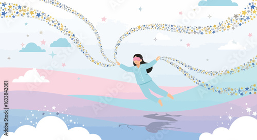 Dream Weaver Girl in Pajamas Holding Starry Trails Floating Above Clouds