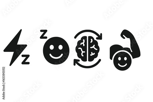 Power nap benefits icon set. Vector illustration of energy restoration, improved mood, brain refresh, muscle recovery. Solid filled black pictogram symbols for sleep, rest, recharge, wellness.