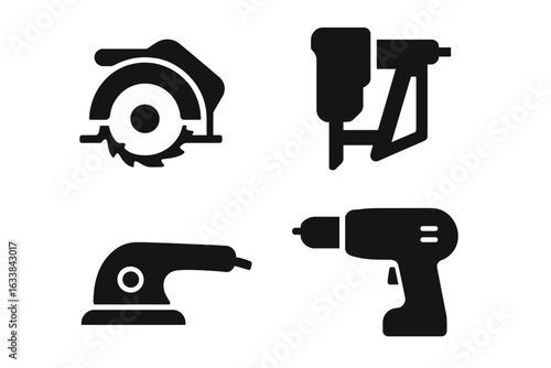 Power tool icons set. Solid filled vector illustrations of cordless drill, circular saw, nail gun, angle grinder, sander. Construction, carpentry, handyman, workshop, DIY, tools silhouette icons pack