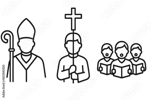 Religious Procession Participants Icons Set. Outline Priest with Crosier Staff, Altar Server Holding Processional Cross, Church Choir Singing, Christian Ceremony Vector Illustration Isolated
