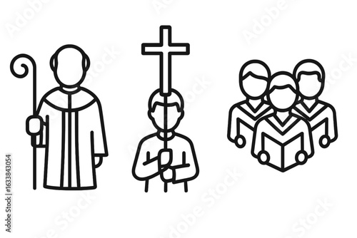 Religious Procession Participants Vector Icons Set. Outline Priest with Pastoral Staff, Altar Server Carrying Processional Cross, Church Choir Singing. Christian Ceremony Clergy, Worship Symbol