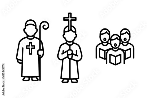 Religious Procession Participants Outline Icons Set. Priest with Staff, Altar Server Holding Cross, Church Choir Singing. Clergy, Worship, Christianity, Faith, Liturgy, Transparent Background Vector