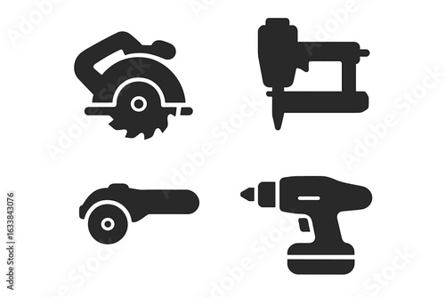 Power tool icon set for construction and workshop. Solid filled vector illustration features circular saw, nail gun, angle grinder, cordless drill. Black silhouette symbols for carpentry, repair, DIY.