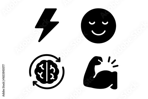 Power Nap Benefits Solid Icon Set: Energy Boost Lightning Bolt, Relaxed Happy Face, Cognitive Refresh Brain Cycle, Muscle Recovery Flex Arm, Fatigue Relief, Wellness, Health Vector Illustration