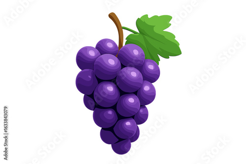 Realistic 3D Purple Grape Bunch Isolated on White. Shiny Juicy Grapes With Green Leaf. Fresh Fruit Illustration for Wine, Juice, Healthy Food, Grocery. Natural Vineyard Harvest Concept. Vector Clipart