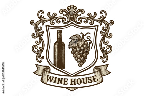 Vintage wine house emblem, ornate retro crest with wine bottle, grape bunch, detailed scrollwork, vineyard tradition, winery logo, luxury beverage, classic label design, sommelier symbol