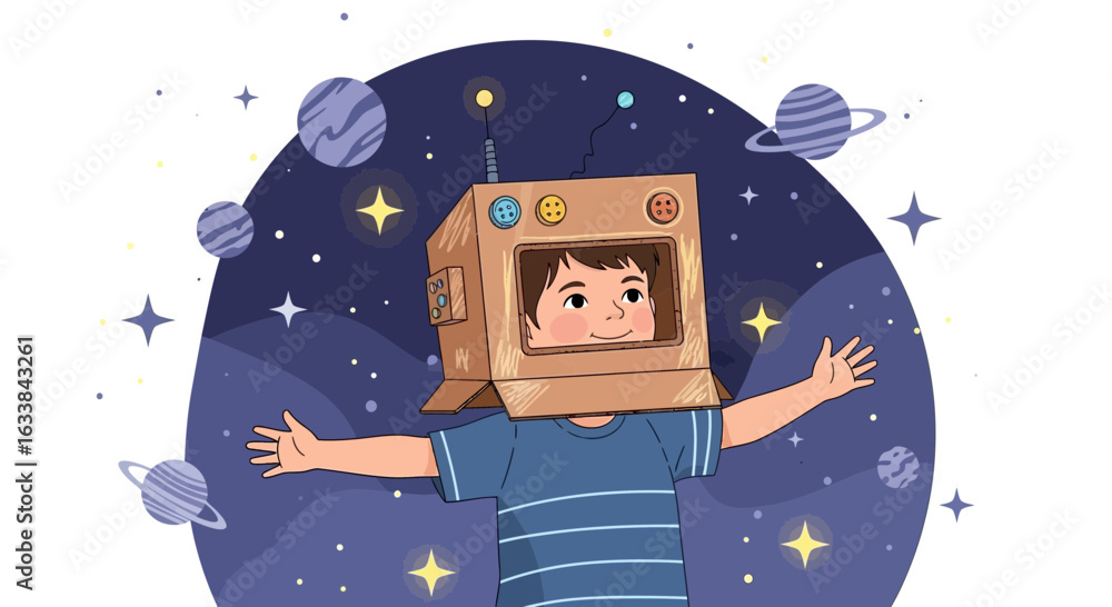 Fototapeta premium Dreaming Of Outer Space Boy With A Cardboard Astronaut Helmet Illustration