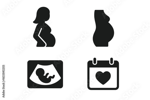 Pregnancy Icon Set Solid Filled Vector Illustrations of Pregnant Woman Baby Bump Ultrasound Calendar Heart Due Date Expecting Mother Symbols