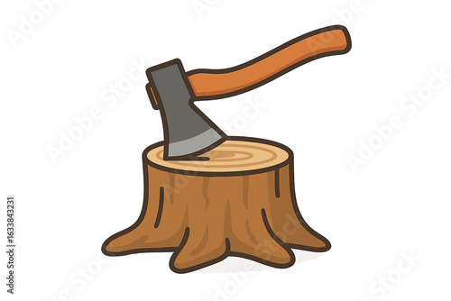 Cartoon axe in tree stump vector illustration. Lumberjack tool, wood chopping log cut, forestry icon, timber harvest equipment. Woodcutter object, firewood preparation, rustic design, isolated clipart