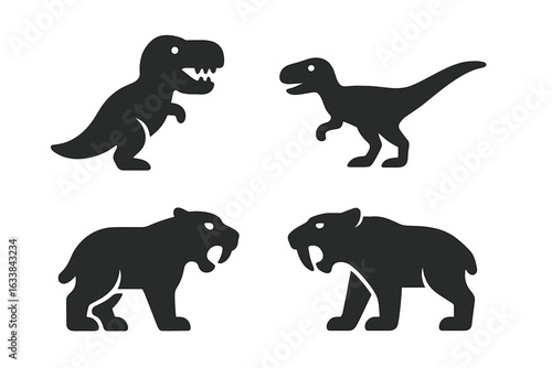 Prehistoric Predator Silhouettes Vector Set. Solid Black Icons of T-Rex, Velociraptor, Saber-Toothed Tiger, Smilodon. Extinct Animal Symbols. Dinosaur and Ice Age Mammal Isolated Clipart Collection