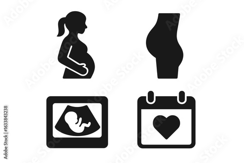 Pregnancy Icon Set Vector, Solid Filled Icons of Pregnant Woman, Baby Bump, Ultrasound Scan, Due Date Calendar with Heart Symbol, Maternity and Motherhood Concept Illustration