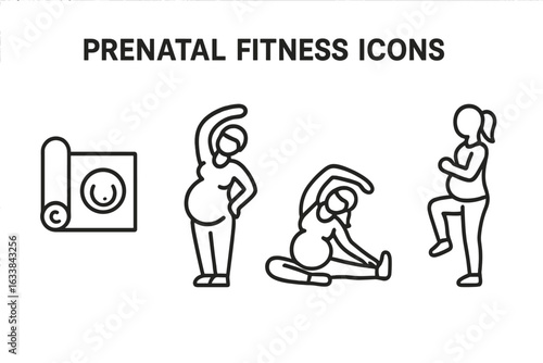 Prenatal fitness icons set of 4, outline vector illustrations of prenatal exercise, yoga mat with belly symbol, pregnant woman stretching, maternity health and wellness symbols