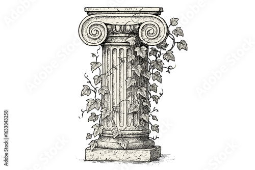 Ancient Greek Ionic Column with Ivy Vines, Hand Drawn Sketched Vector Illustration, Classical Architecture, Decorative Vintage Pillar, Botanical Overgrown Monument, Heritage Background, Ruins Design