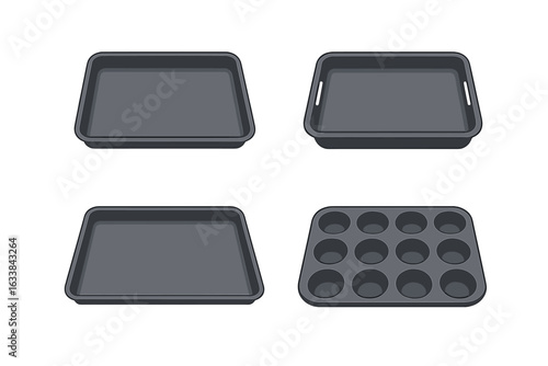 Set of Four Baking Trays and Muffin Pan Vector Illustration. Realistic Kitchen Bakeware Isolated on Transparent Background. Nonstick Oven Pans, Roasting Tray, Baking Sheet, Cupcake Tin Collection