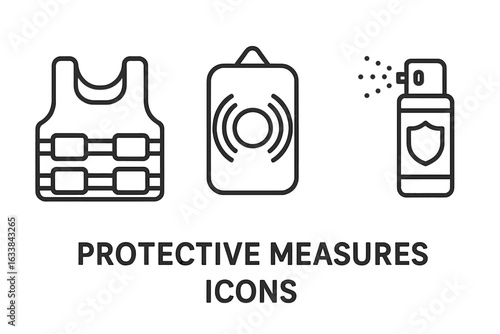 Protective measures vector icon set. Outline security equipment collection includes bulletproof vest, personal alarm panic button, pepper spray canister. Safety protection concepts illustration