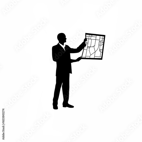 Urban planner silhouette presenting future city growth plan with graphic elements