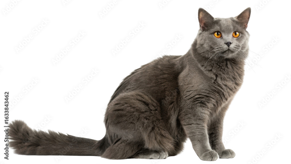 Fototapeta premium Beautiful chartreux cat with striking orange eyes sits gracefully, showcasing its elegant fur and poised demeanor
