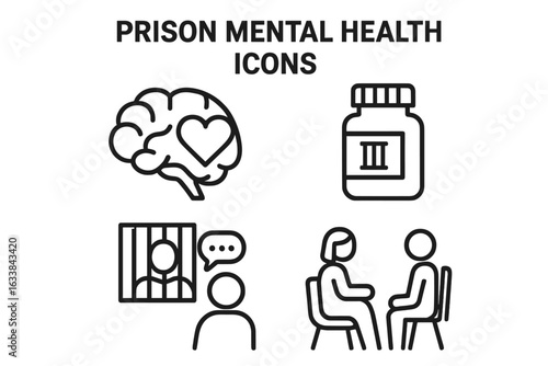 Prison Mental Health Services Line Icons Set. Brain with Heart Symbol, Medication Bottle, Prison Counseling, Inmate Therapy Session. Correctional Facility Mental Wellness Outline Vector Illustration