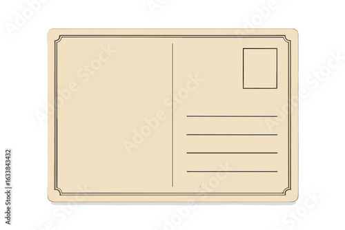 Blank vintage postcard template, retro postal card mockup with ornate border, empty address lines, stamp box, old paper background, antique stationery design, classic correspondence ephemera