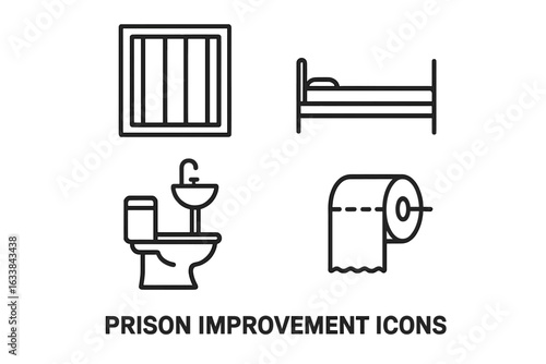 Prison Improvement Outline Icons Set—Barred Window, Inmate Bed with Thin Mattress, Prison Sanitary Facilities Toilet Sink, Toilet Paper Roll. Essential Prison Cell Living Conditions Vector.