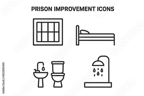 Prison Living Condition Improvement Icons. Outline Vector Set Featuring Prison Cell Window, Bed with Thin Mattress, Modern Sanitary Facilities, Sink, Toilet, Shower for Correctional Facility Upgrades