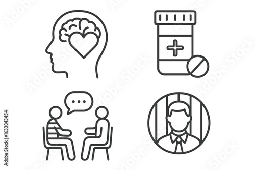 Mental Health Services in Prisons Vector Icons Set. Outline Illustrations of Prisoner Psychiatry, Medication, Therapy, Counseling, Inmate Support, Brain with Heart, Pill Bottle, Prisoner Behind Bars