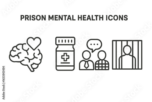 Prison Mental Health Line Icons Set. Outline Vector Illustration of Brain with Heart, Medication Bottle, Counseling, Inmate Behind Bars. Correctional Facility Psychiatric Care Support and Therapy